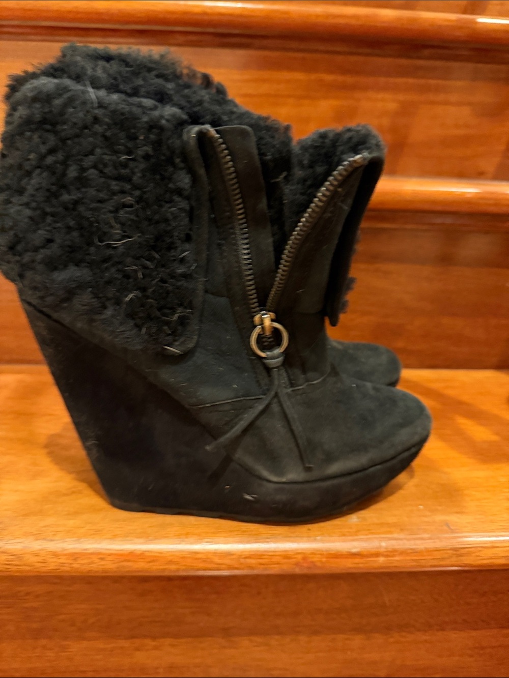 Ash Black Faux-Shearling Wedge Booties with Zip Detail